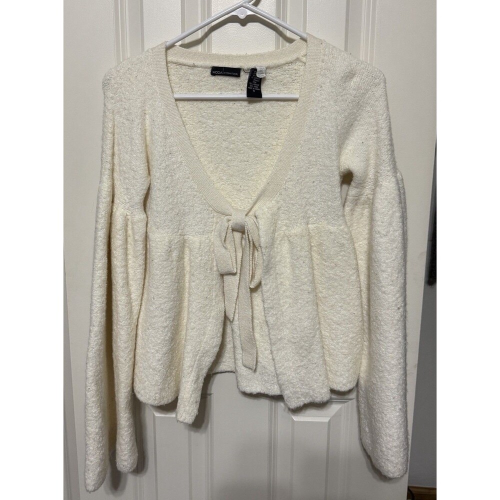Vintage Moda International S Ivory Flare Sleeve Tie Front Cardigan Sweater Retro